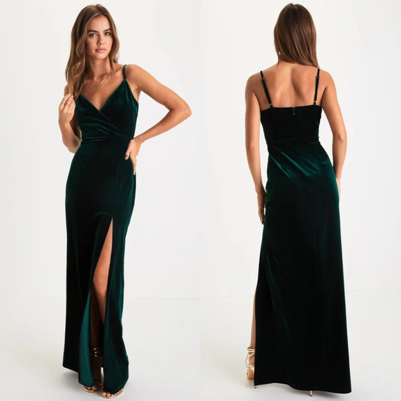 Lulus Graceful Glamour Emerald Green Velvet Surplice Maxi Dress Wedding Party - Picture 1 of 10